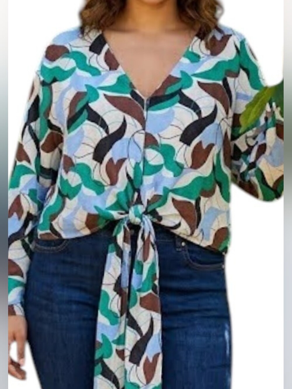 ELOQUII Abstract Print Tie-Front Blouse | Multi-Color Boho Top | Size 18